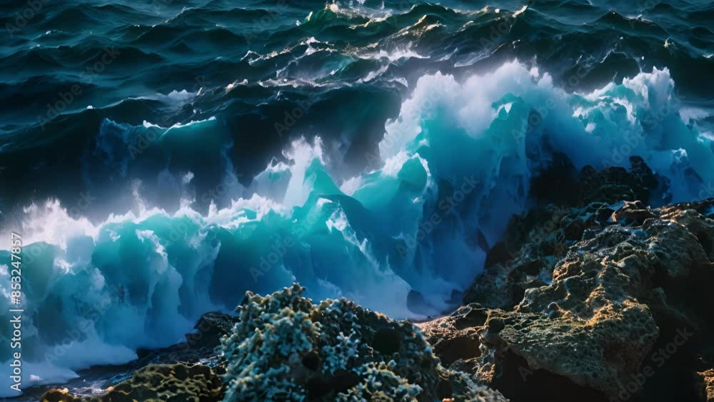 Poster a rough rocky surface teeming with luminescent algae creating a spectacular light show as waves cras