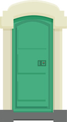 Green portable toilet standing on concrete base, public restroom for events
