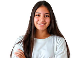 Young Latina student, wearing white t-shirt. Transparent background, PNG format