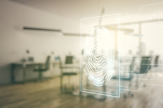 Abstract virtual fingerprint illustration on a modern furnished classroom background, personal biometric data concept. Multiexposure - Powered by Adobe