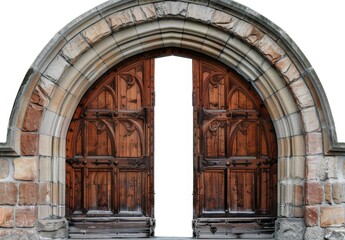 Wooden arched door frame with a white background 