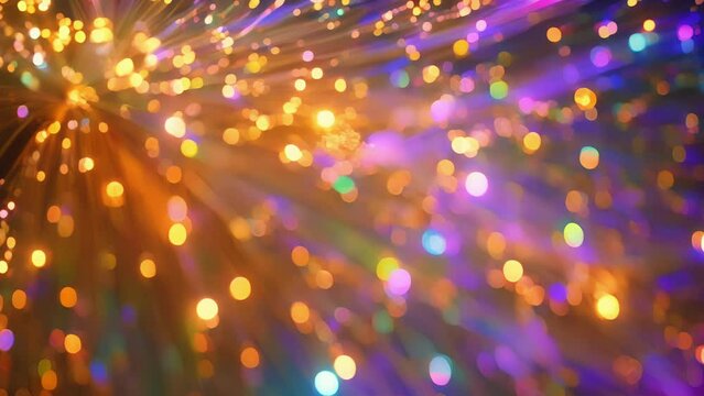 A detailed shot of a bundle of fiber optic cables with each one emitting a unique and luminous hue creating a mesmerizing array of colors.