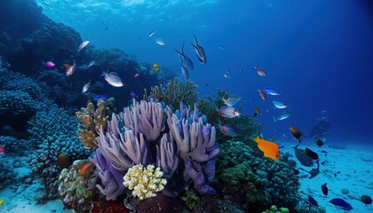 Naklejka premium A vibrant coral reef with a variety of colorful corals and small fish isolated 