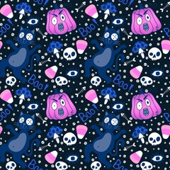 Halloween animals seamless cats and pumpkins pattern for wrapping paper