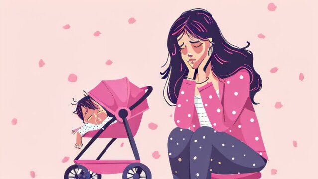 Postpartum depression. A woman sits on the ground with a baby in a stroller. The baby is sleeping, and the woman looks sad