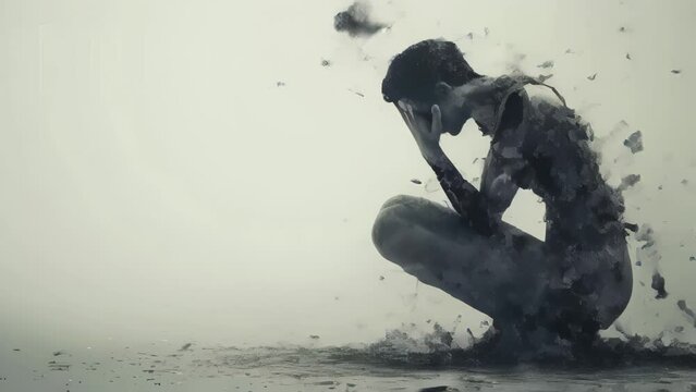 A man is sitting on the ground with his hands on his knees. He looks sad and is crying