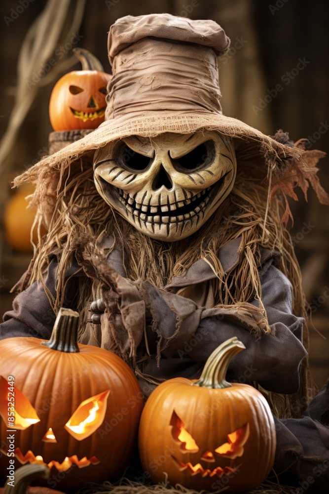 Canvas Prints scary halloween scarecrow with pumpkins