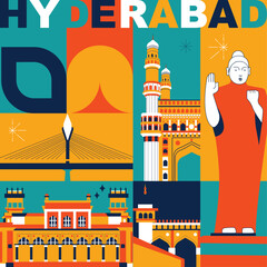 Hyderabad culture travel set, famous architectures and specialties in flat design. Business travel and tourism concept clipart. Image for presentation, banner, website, advert, flyer, roadmap, icons