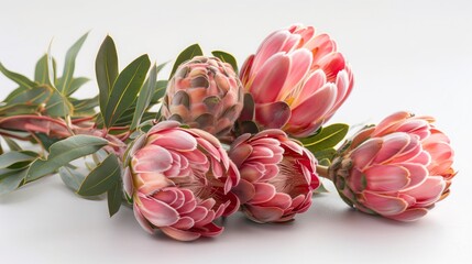 Fototapeta premium Pink royal protea flowers arranged in a bouquet on a white background