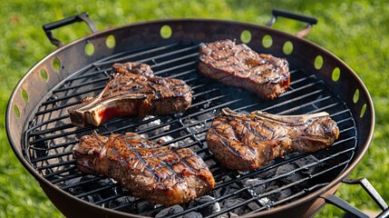 Juicy Steaks Grilling on a Charcoal Barbecue