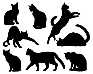 Vector illustration. Silhouettes of black cats. Set of animal stickers. Large set