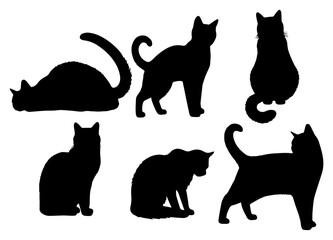 Vector illustration. Silhouettes of black cats. Set of animal stickers. Large set