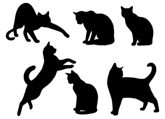 Vector illustration. Silhouettes of black cats. Set of animal stickers. Large set