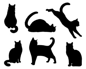 Vector illustration. Silhouettes of black cats. Set of animal stickers. Large set