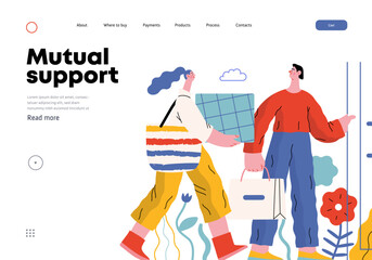 Mutual Support: Door Holding - modern flat vector concept illustration of woman carrying heavy box and man holding door for her. A metaphor of voluntary, collaborative exchanges of resource, services