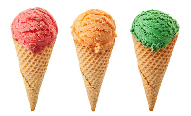 Various ice cream scoops with cone isolated on white background