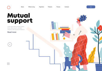 Naklejka premium Mutual Support: Book Swap -modern flat vector concept illustration of a woman leaving books on a shelf in hallway for neighbors A metaphor of voluntary, collaborative exchanges of resource, services