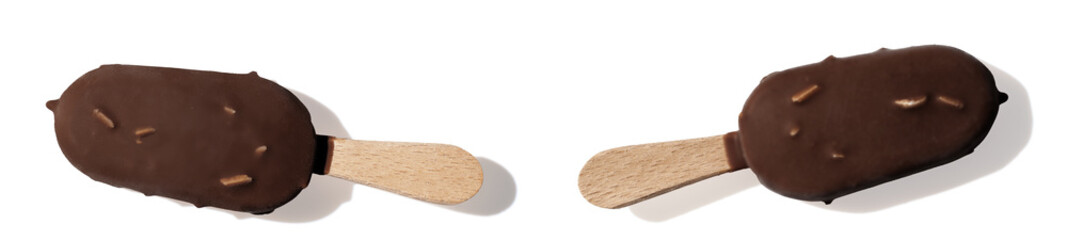 Chocolate ice cream on a stick on white background