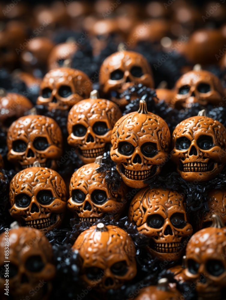 Canvas Prints skulls are arranged in a pile on a black background