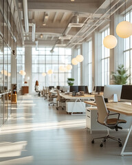 Empty modern bright open space business office with furniture, computers, glass walls, plants flooded with sunlight for working atmosphere.