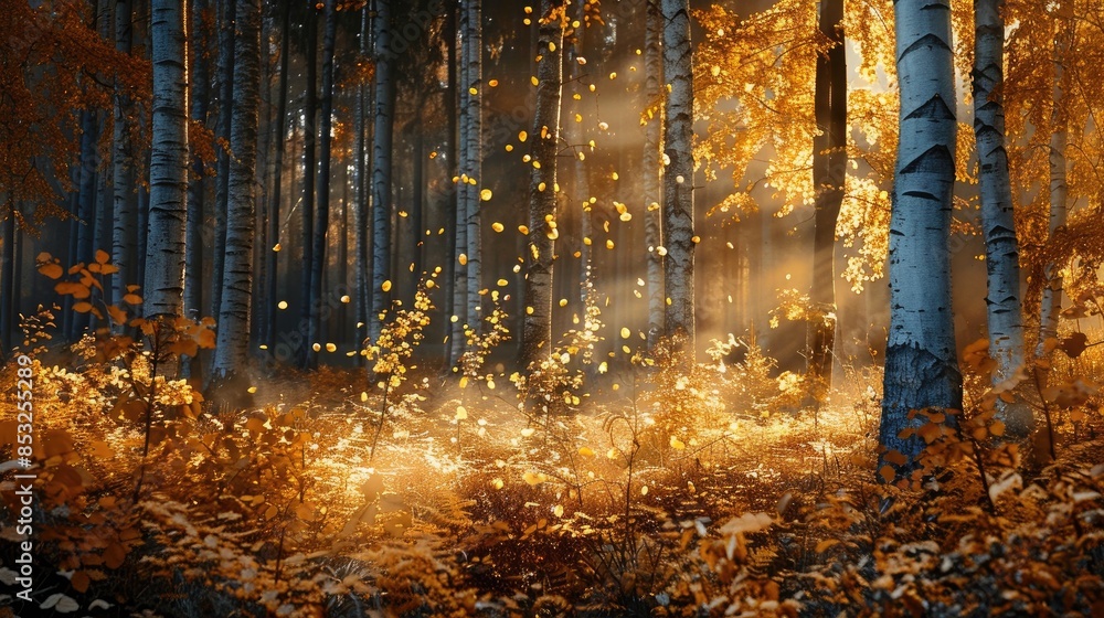Poster forest background with golden foliage and trees illuminated by the setting sun