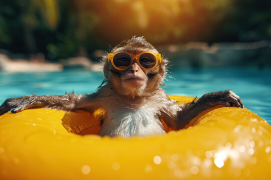 Relaxing, glad monkey with sunglasses swimming in pool on inflatable yellow circle. Concept of have fun in vacation.