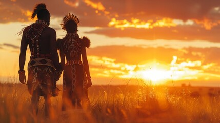 Obraz premium Silhouette of a couple in African attire walking into the sunset