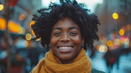 Joyful Afro-American Woman Enjoying NYC Cityscape
