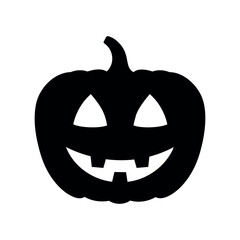 smiling Halloween pumpkin silhouette, carved pumpkin black icon with negative space, isolated on white background