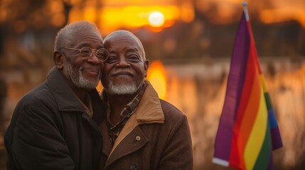 Senior Gay Couple Celebrating Pride by Lake at Sunset