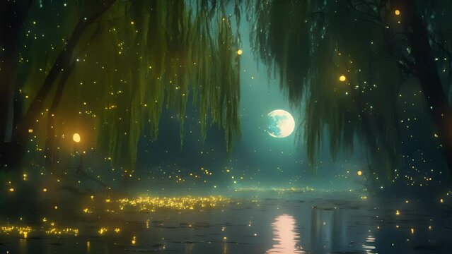 A peaceful garden hidden by a curtain of weeping willows and illuminated by flickering fireflies as the moon watches over like a silent guardian.