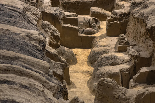 Qin Shi Huang Mausoleum of First Emperor of China: PIT 2 - terracotta sculptures depicting variety of divisions including infantry, crossbow team, cavalry, 80 chariots. XI&rsquo;AN, CHINA. JULY 27, 2023.
