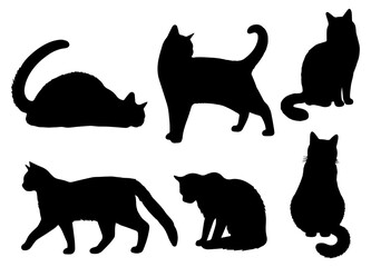 Vector illustration. Silhouettes of black cats. Set of animal stickers. Large set.	