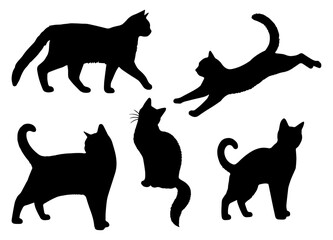 Vector illustration. Silhouettes of black cats. Set of animal stickers. Large set.	