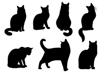 Vector illustration. Silhouettes of black cats. Set of animal stickers. Large set.	