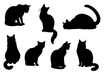Vector illustration. Silhouettes of black cats. Set of animal stickers. Large set.	