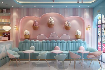 Colorful ice cream shop interior with pastel decor and cupcake wall art