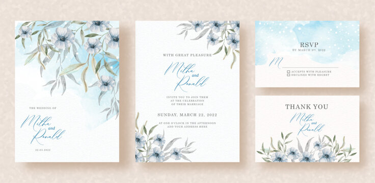 purple flowers arrangement watercolor painting with blue splash on wedding invitation background