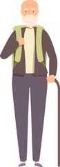 Elderly hiker wearing a backpack and holding a walking stick, enjoying his retirement years