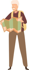 Senior tourist with backpack holding a map and deciding where to go