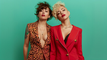 Pride month, LGBRQ, Lesbian couple, hug, mint blue background
