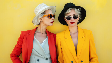 Pride month. Senior mature lesbian couple, yellow orange background