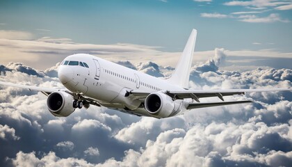 Obraz premium White passenger airplane flying in the sky amazing clouds in the background 
