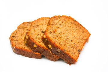 Banana Walnut Cake placed on white background, isolate, food cake, American dessert