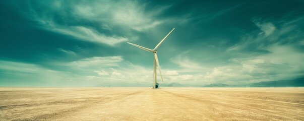 A lone wind turbine stands in an expansive barren landscape under a dramatically lit sky, conveying solitude