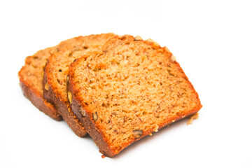 Banana Walnut Cake placed on white background, isolate, food cake, American dessert