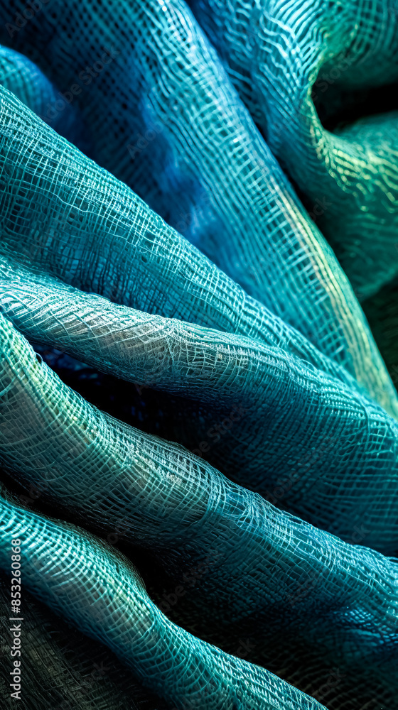 Poster a close up of a blue and green patterned fabric with a mesh texture.