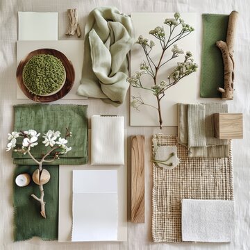 Interior design moodboard with natural materials, fabric swatches, and wooden elements
