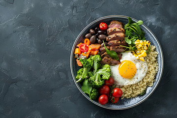 Fresh healthy high protein foods in a plate for athletes with copy space on the left