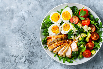 Fresh healthy high protein foods in a plate for athletes with copy space on the left